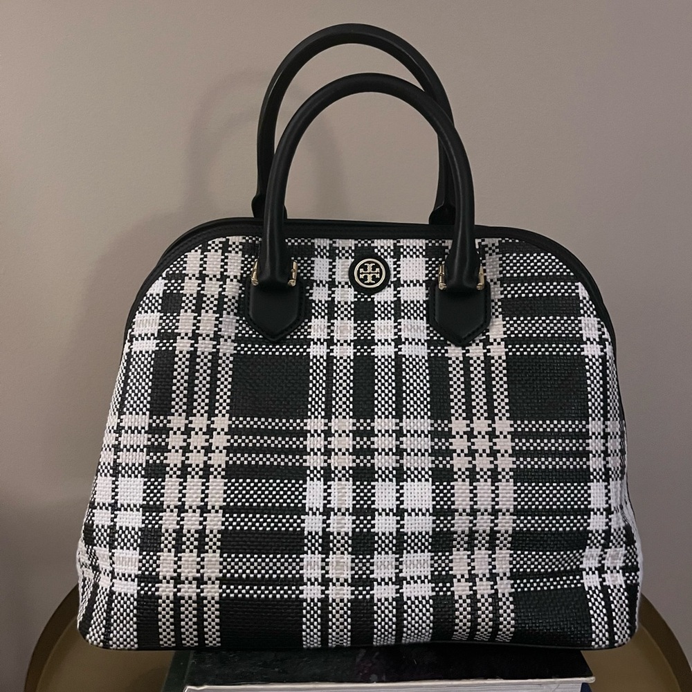 Brand new Tory Burch Robinson Large Woven Plaid Leather Zip Satchel Tote